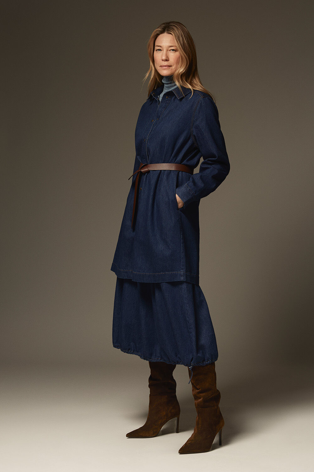 Ingelena Denim Shirt - Dark Denim, Stephi Denim Skirt - Dark Denim, Rasline Belt - Sh. Chocolate