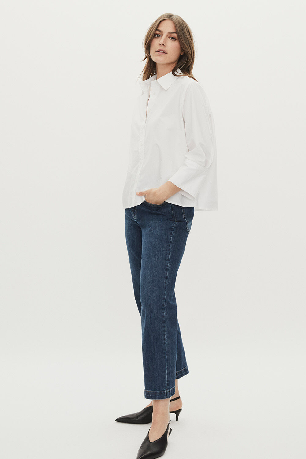 Ilonka Shirt - White, Portiscan Trousers - Blue Denim