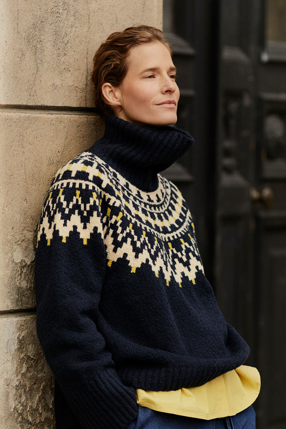 Fatima Jumper - Navy Blazer, Imma Shirt - Golden Green, Polyxena Denim Trousers - Dark Denim