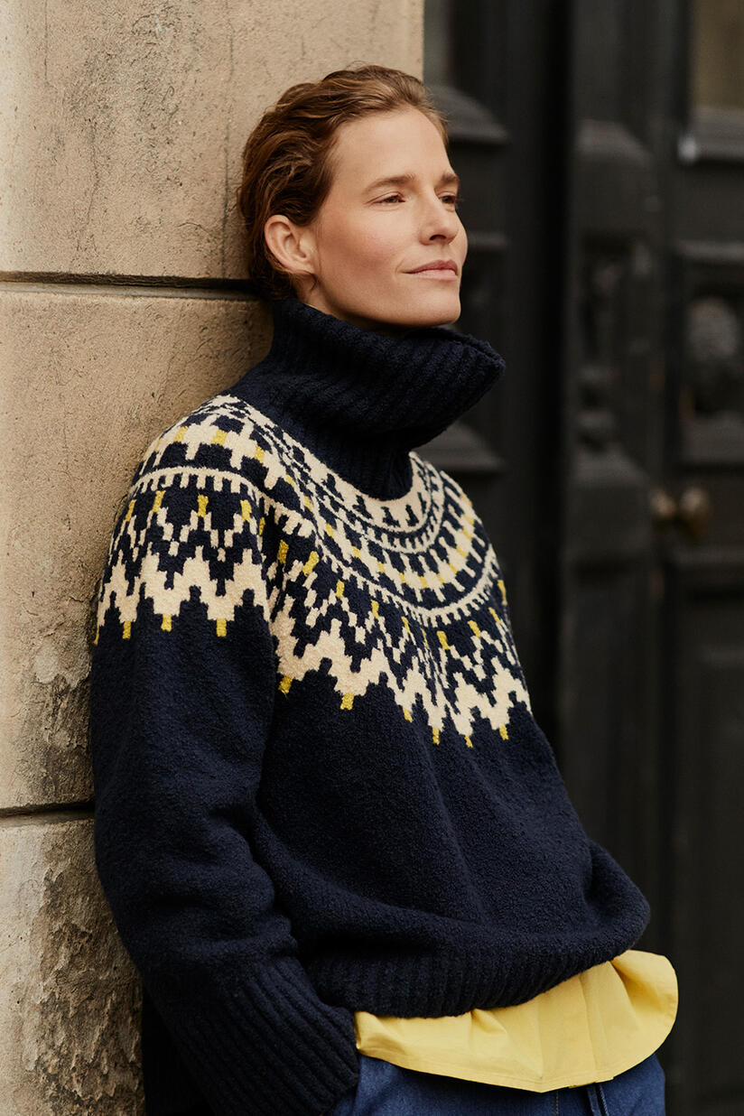 Fatima Jumper - Navy Blazer, Imma Shirt - Golden Green, Polyxena Denim Trousers - Dark Denim